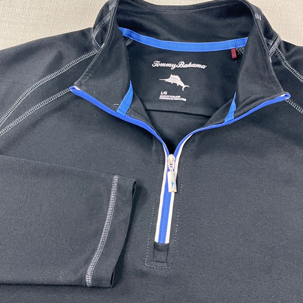 Tommy Bahama Quarter Zip Pullover‎ Men Large Black Blue Lightweight Long Sleeve